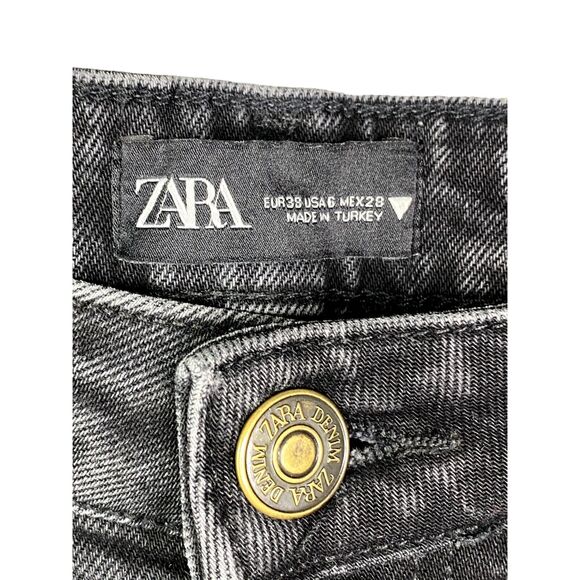 ZARA Slim Straight High Waisted Stretch Jeans Raw Hem 6 Rinsed Black #3059 - Picture 6 of 14
